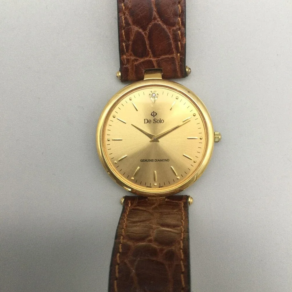 De Solo Watch Women 32mm Diamond 18K Gold Plated Brown Leather Strap New Battery - Picture 7 of 15